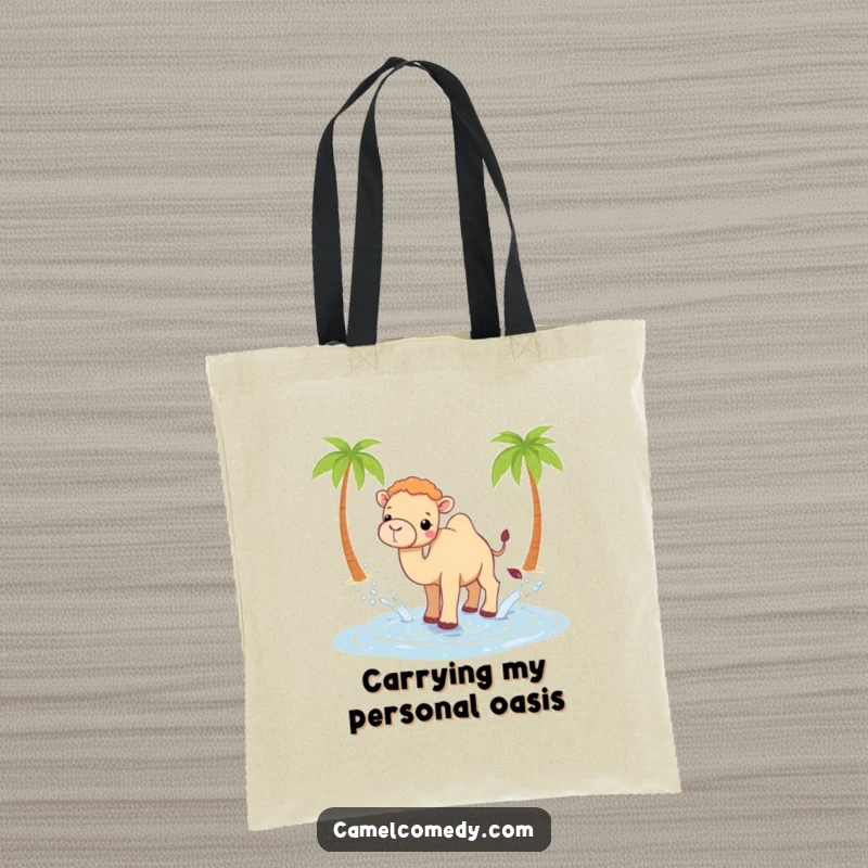 Funny Kawaii camel tote bag showing a cute camel happily splashing water from a tiny oasis, a delightful accessory.