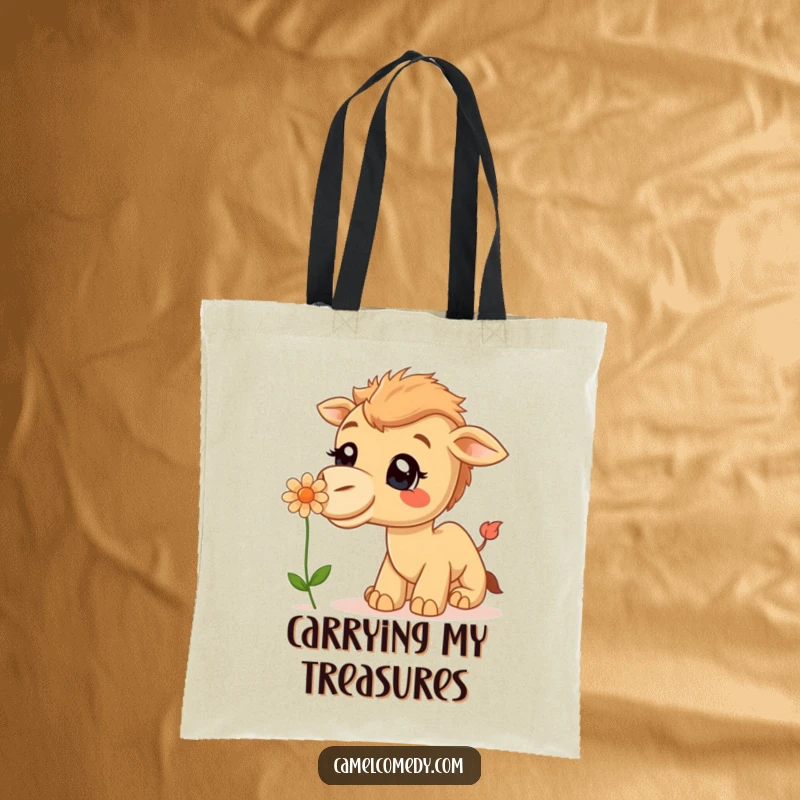 Funny Tote Bag: A curious camel with a big smile is depicted sniffing a beautiful desert flower.