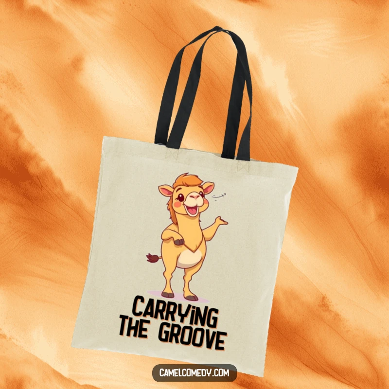 Funny camel character dancing wildly with desert wind, on a stylish tote bag, a humorous and practical gift.