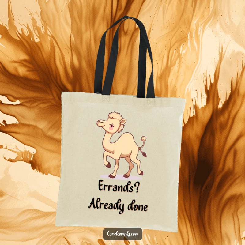 Funny camel tote bag showing a camel in motion with a raised leg, looking back with a playful wink, symbolizing lightheartedness.
