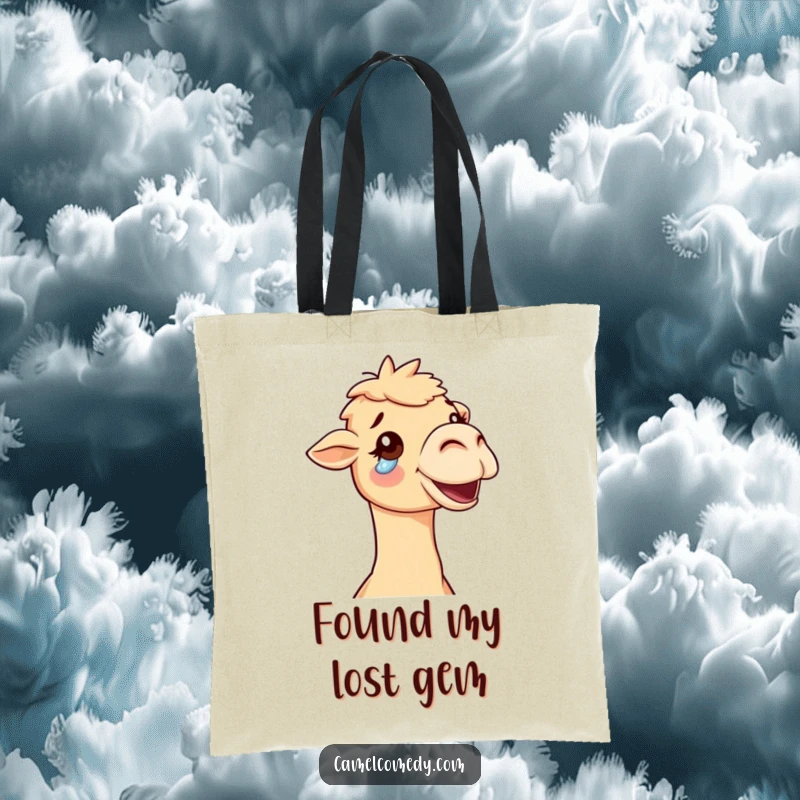 Funny delighted camel shedding a single tear of joy, a humorous and sentimental tote bag.