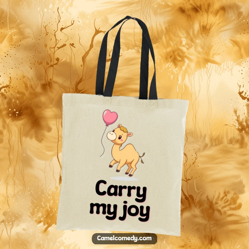 Funny tote bag showcasing a playful camel with a balloon tied to its tail, gently lifting it off the ground.