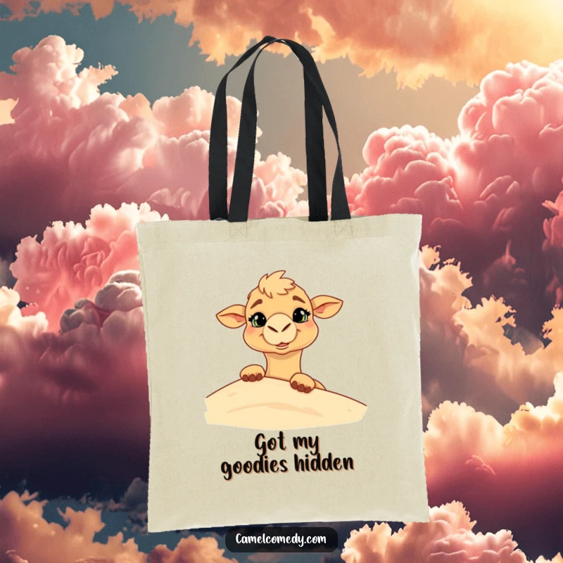 Funny tote bag showcasing a camel with a goofy grin peeking from behind a sand dune, adding humor to errands.