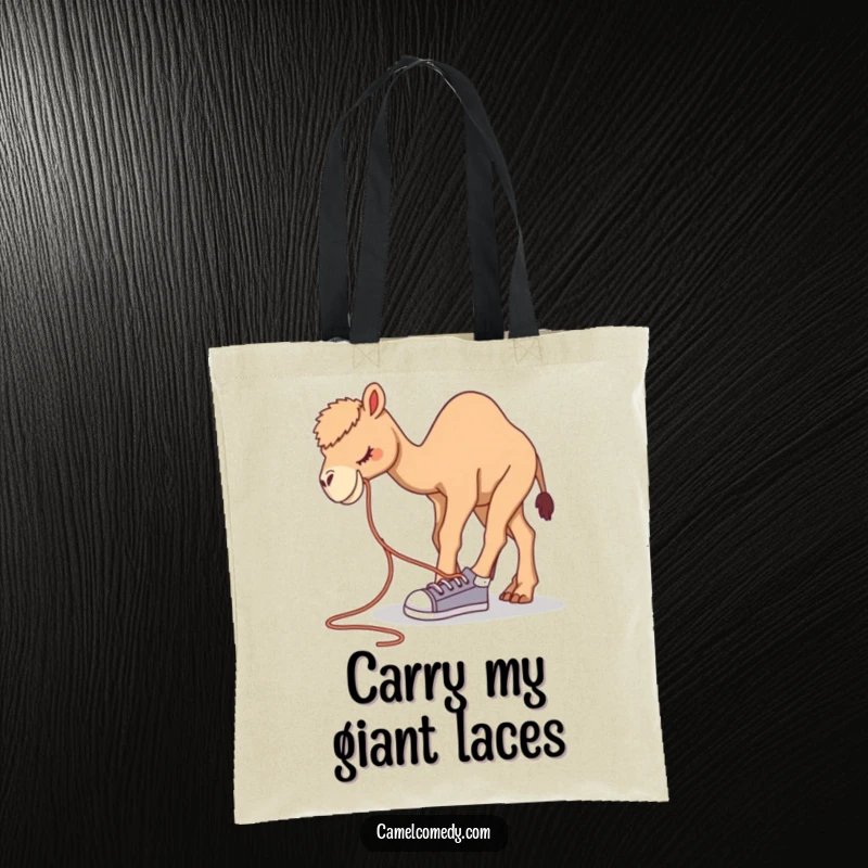 Funny camel tote bag showing a camel bending over awkwardly to tie a comically large shoelace on its foot.