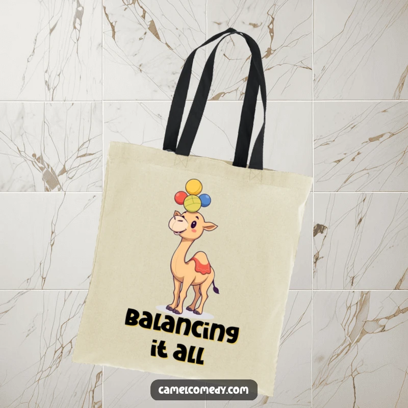 Funny camel balancing a tower of vibrant juggling balls on its hump, on a durable and humorous tote bag.