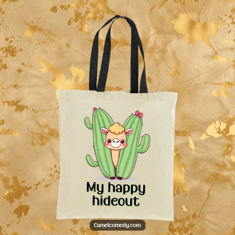 Funny tote bag featuring a kawaii camel peeking from behind a smiling cactus, practical for carrying items with desert humor.