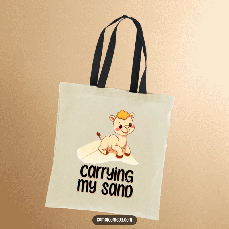 Funny kawaii camel enjoying a sand dune slide with a huge grin, printed on a durable and stylish tote bag.