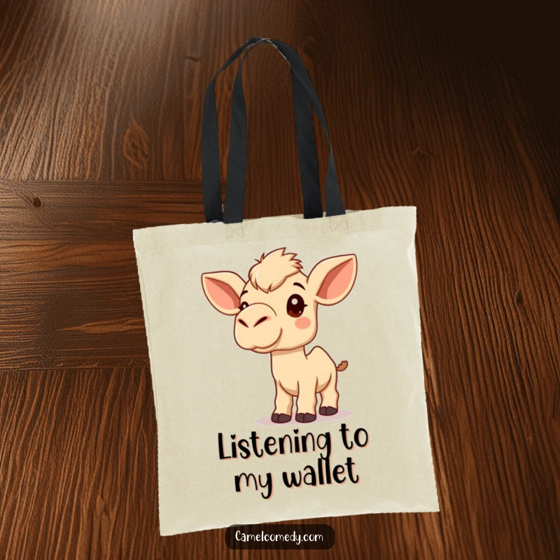 Funny Kawaii Camel Tote Bag featuring a cute camel listening inquisitively, a humorous and practical accessory.