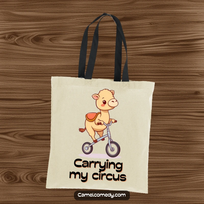 Funny kawaii camel cheerfully wobbling on a miniature unicycle, printed on a sturdy and stylish tote bag.