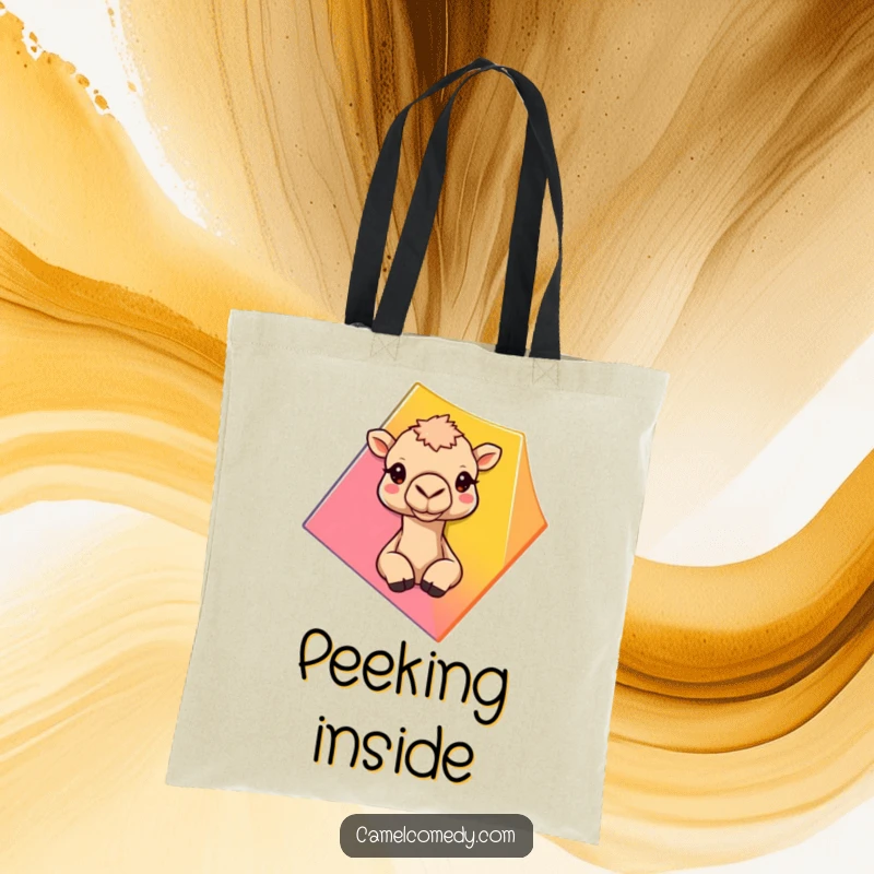 Funny camel peeking from behind a bold geometric shape, on a durable and humorous tote bag.