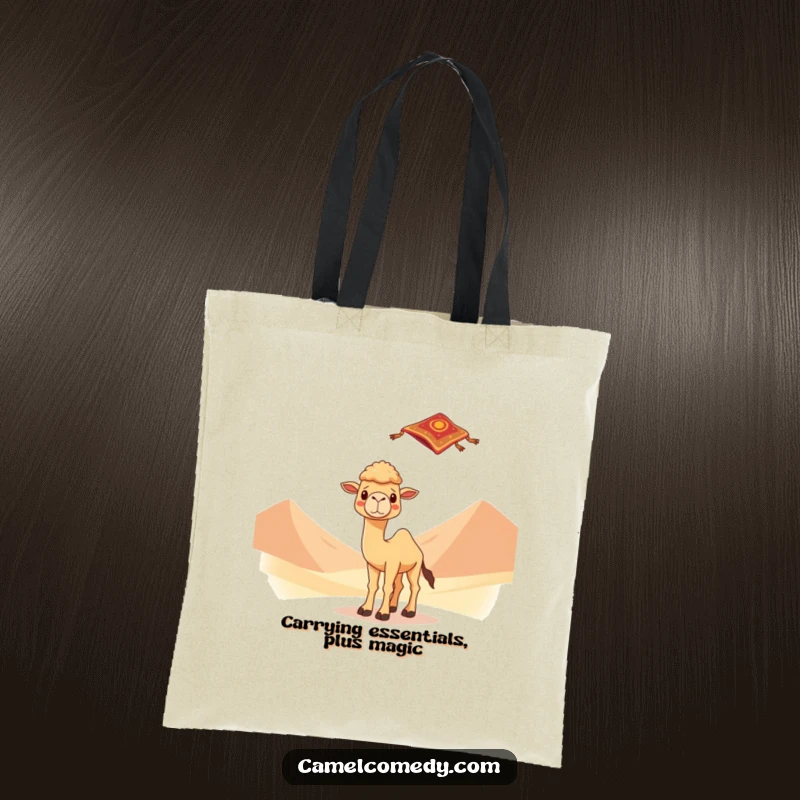 Kawaii camel looking surprised by a flying carpet, featured on a durable tote bag with desert dunes, ideal for carrying treasures.