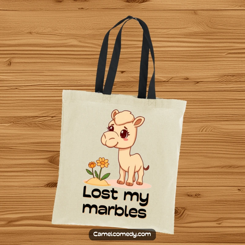 Funny Camel Tote Bag showing a camel with a bewildered expression encountering a desert flower, designed for humorous appeal.