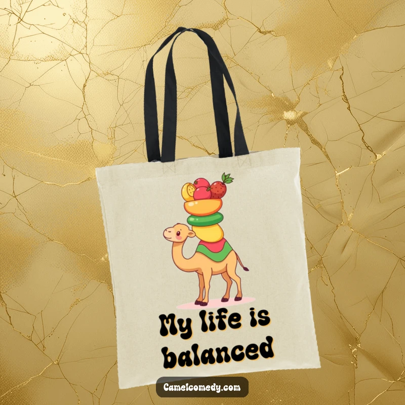 Funny Kawaii Camel Tote Bag featuring a cute camel balancing colorful fruits, a humorous and practical accessory.