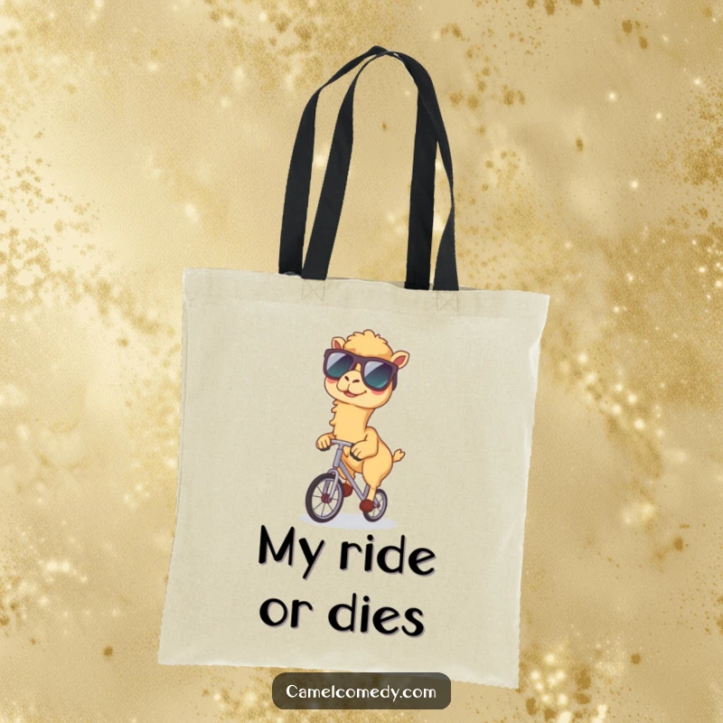 Funny tote bag featuring a kawaii camel in sunglasses riding a unicycle, a chic and humorous companion for errands.