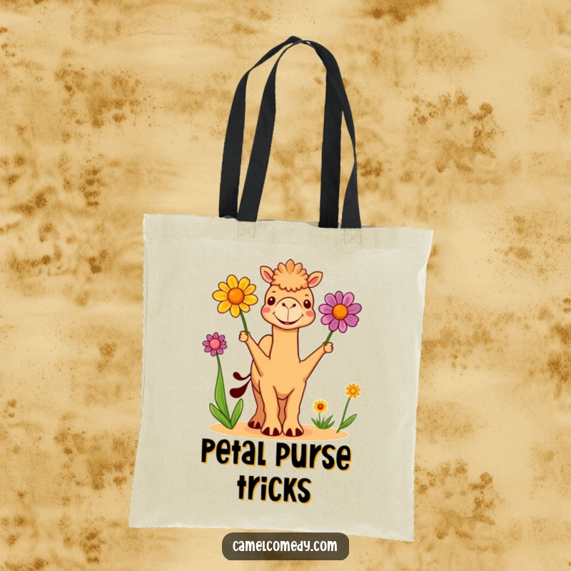 Funny Tote Bag: a cute camel skillfully juggles three bright desert flowers, demonstrating a funny, lighthearted, and artistic flair.