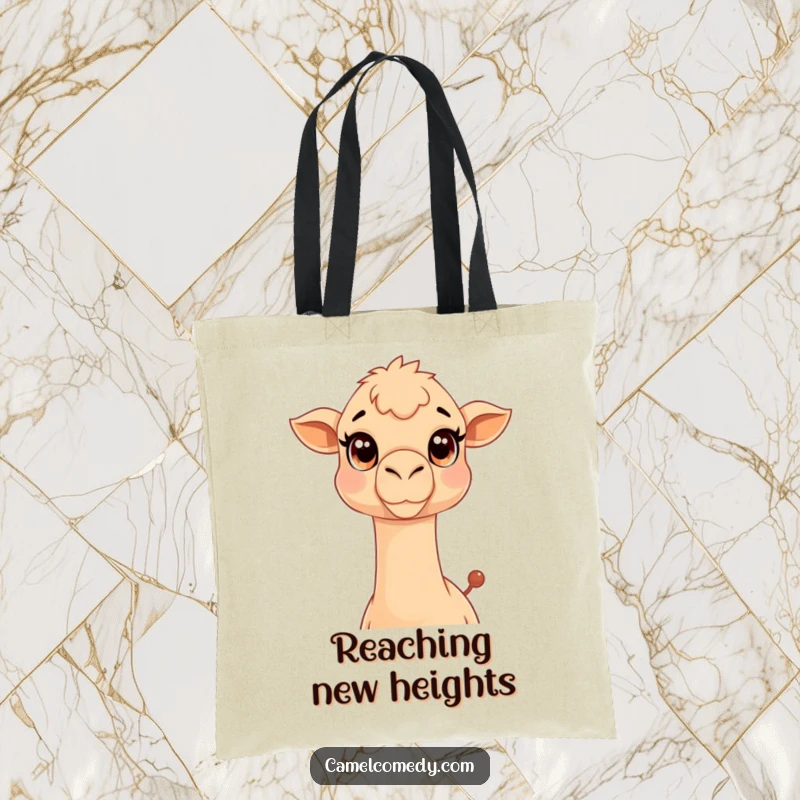 Funny Kawaii Camel Tote Bag with a cute camel stretching its long neck, a humorous and practical accessory.